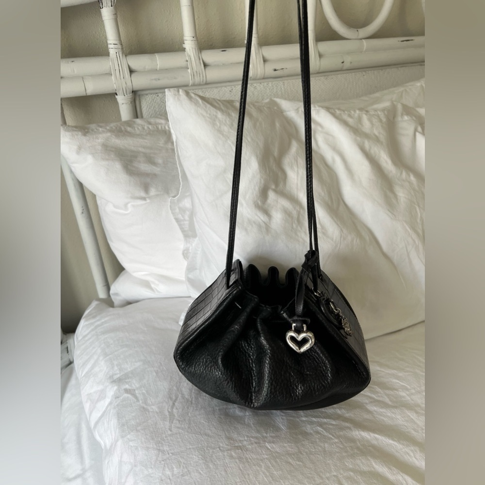 Vintage Brighton | Handbag Black Leather Drawstring Bucket Bag | Double Handle